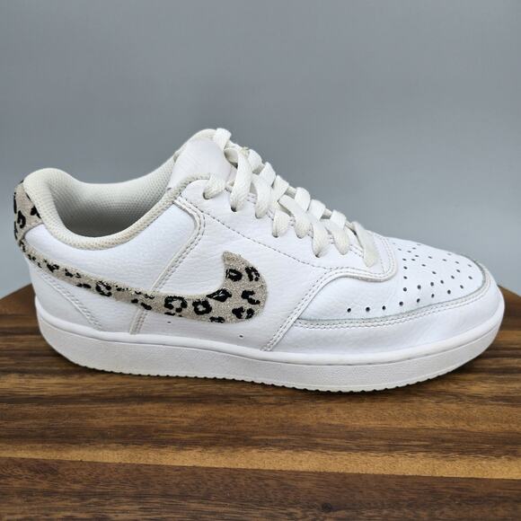 Nike Shoes - Nike Court Vision Low Shoes Womens 6.5 White Leopard Swoosh Leather Sneakers